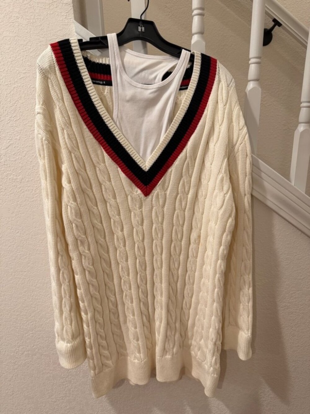 alexanderwang.t Ivory Striped Ribs Cable Knit V-Neck Sweater — Size S